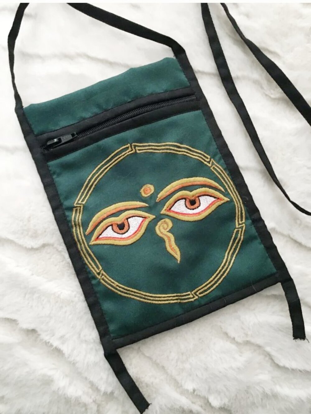 90s Handmade Buddha Eyes Crossbody Pouch Green Himalayan Travel Purse